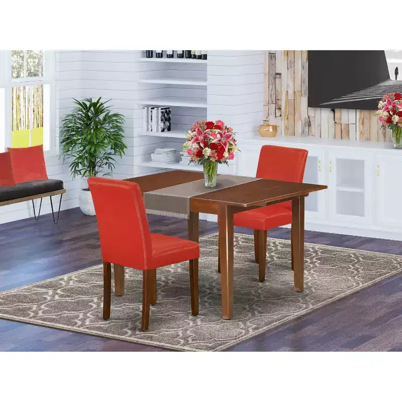 Rectangle Dinette Table Set - 3Pc Dining Table with Butterfly Leaf & 2 Parsons Chairs - Firebrick Red