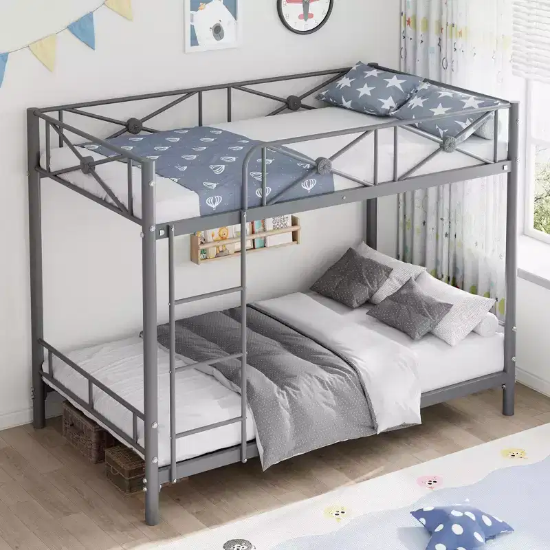 Metal Bunk Bed with Floral Design, Twin Over Twin Bunkbed with Safety Guardrail & Quiet Stability, Space-Saver for Kids Rooms