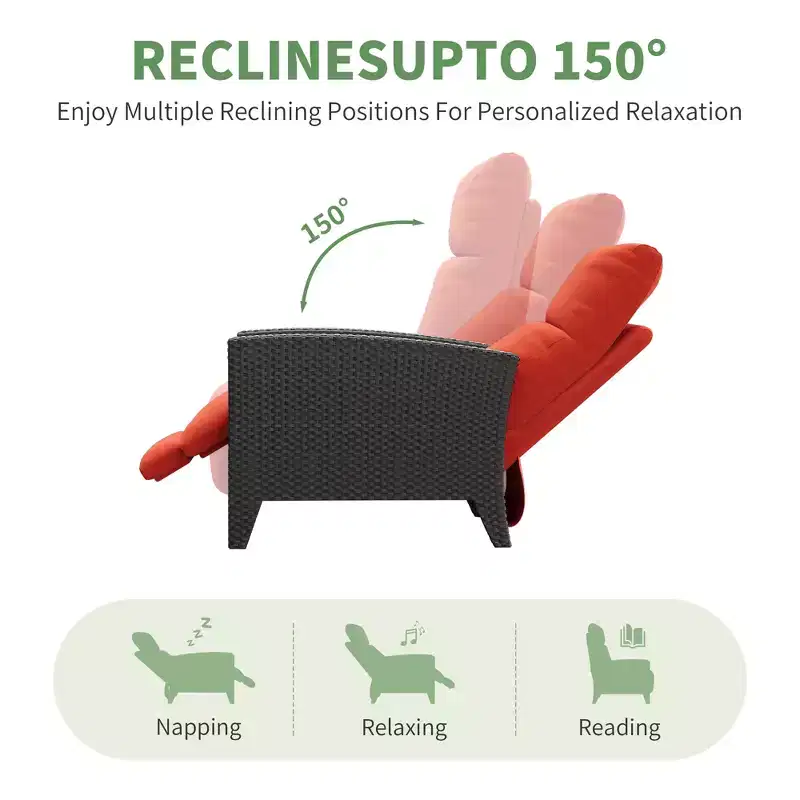 Wicker Recliner Chair with Adjustable Back & Footrest,150 Lay Flat Rattan Reclining Patio Chair with Extendable Side Table & Air Pump
