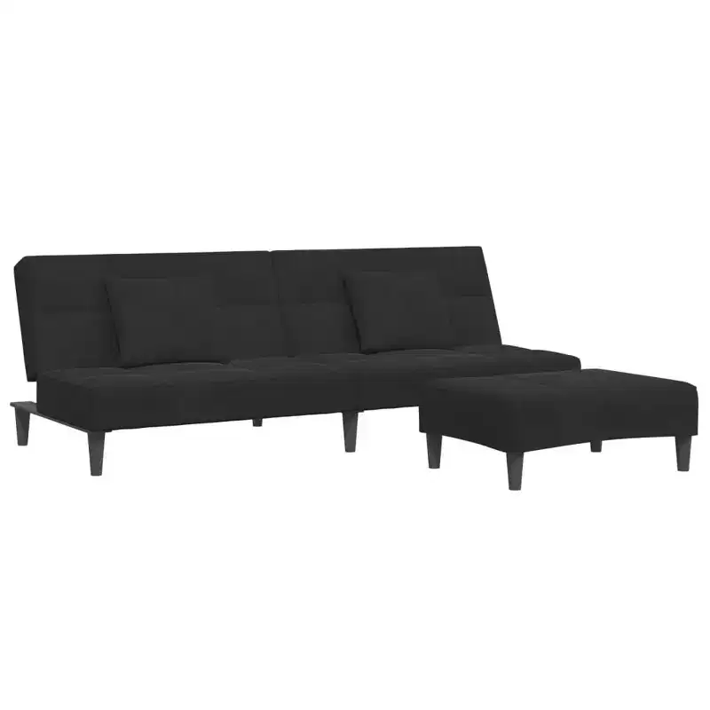 2-Seater Sofa Bed with Footstool Black Velvet - Convertible Sleeper Couch for Living Room/Office