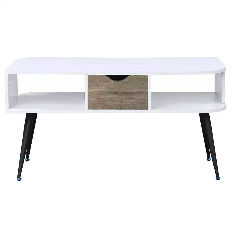 White and Black Modern Coffee Table with 1 Drawer, Two Open Compartments Powder Coated Metal Legs Living Room Table