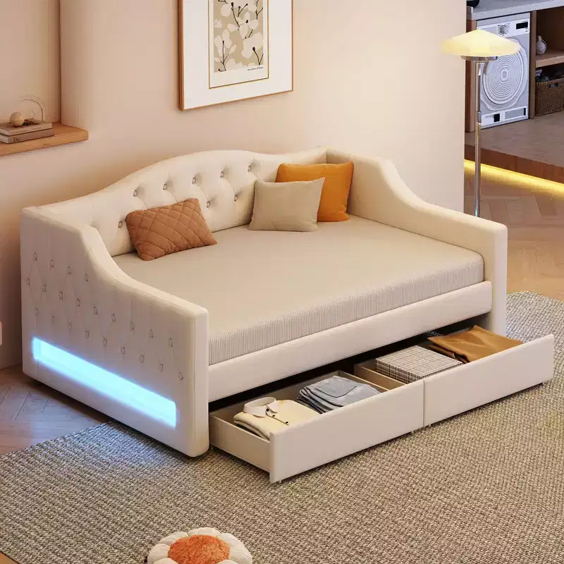 Whisen Upholstered Twin XL Size Daybed with LED Belt and 2 Drawers