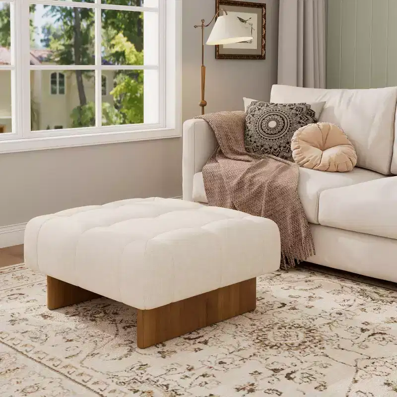 Christopher Knight Home Joren Modern Rubberwood Linen Upholstered Tufted Square Ottoman