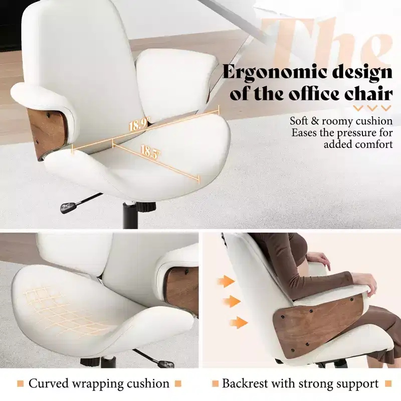 Office Chair with Wheels, PU Leather Swivel Desk Chair, Bentwood Arms, Height Adjustable