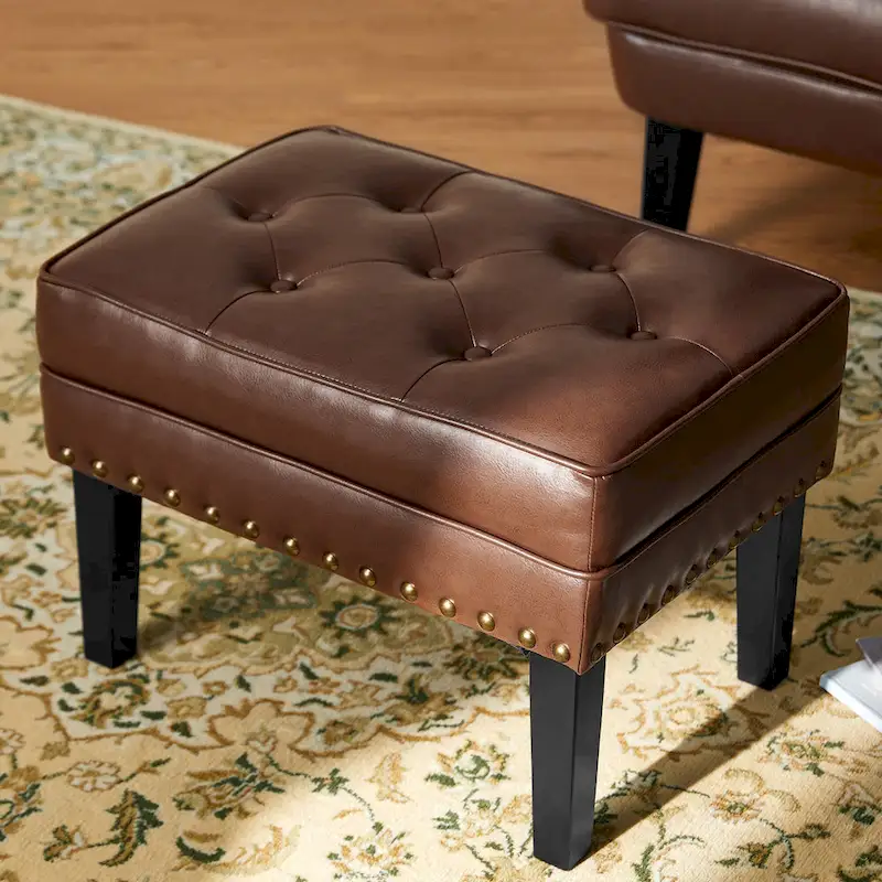 Black / Coffee Mid-Century Button-Tufted PU Leather Ottoman