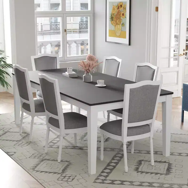 Rustic Extendable Dining Table Set for 6, 7 Pieces Rectangle Dining Table with 6 Upholstered Chairs, Kitchen Table Set with 2 Drawers