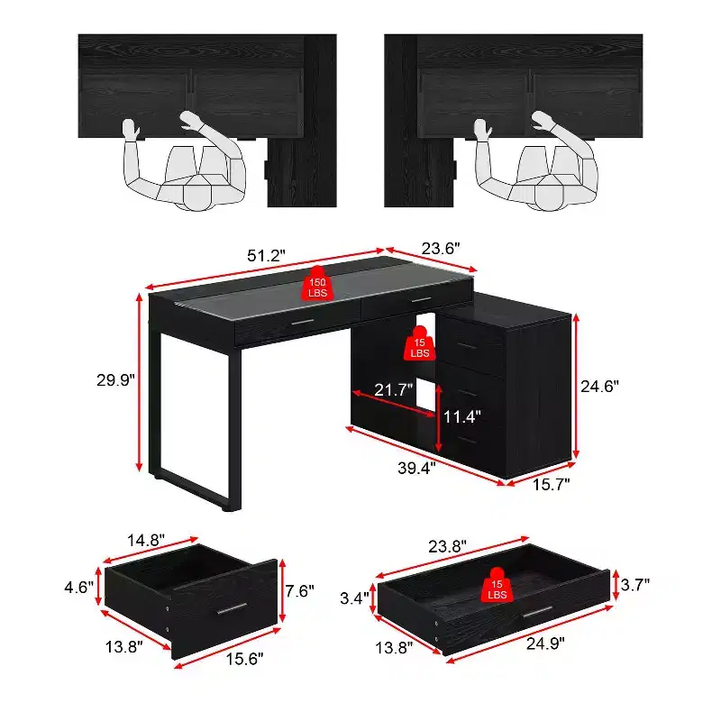 Famapy Black L-Shaped Desk with Glass Top Writing Table Top Reversible Vanity Desk Computer Desk