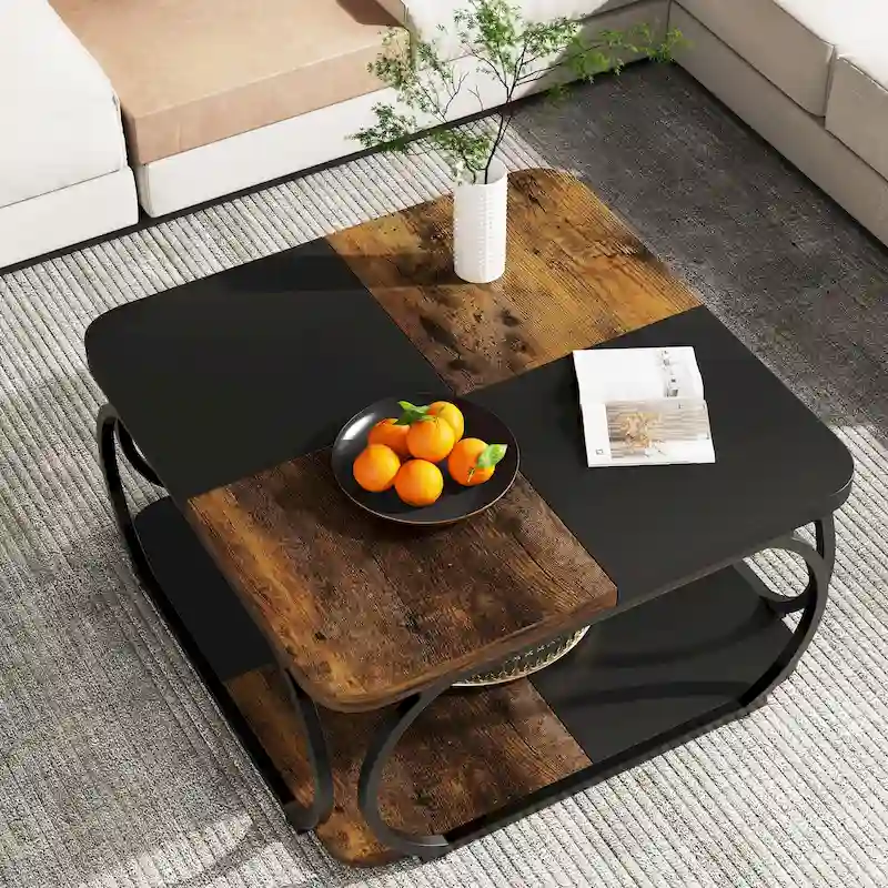 39 Inche 2-Tier Square Coffee Table with Metal Frame for Living Room