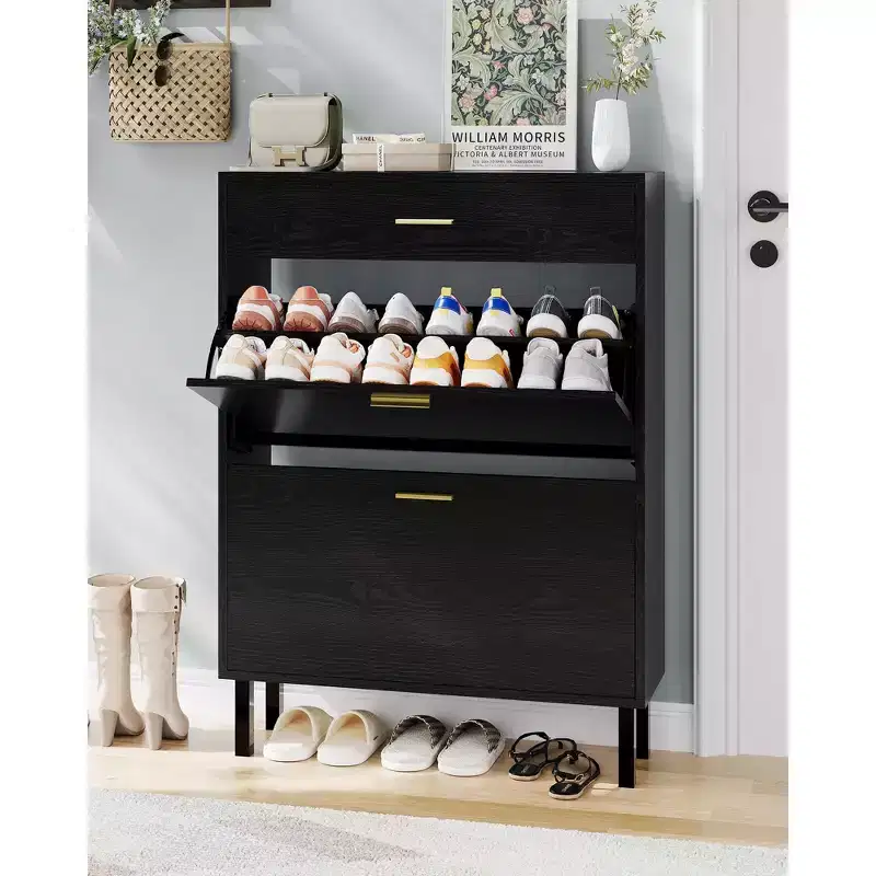 Shoe Storage Cabinet with Dual Flip Drawers, Space-Saving Shoe Organizer for Entryway, Hallway, or Mudroom, Hidden Shoe Rack Cupboard