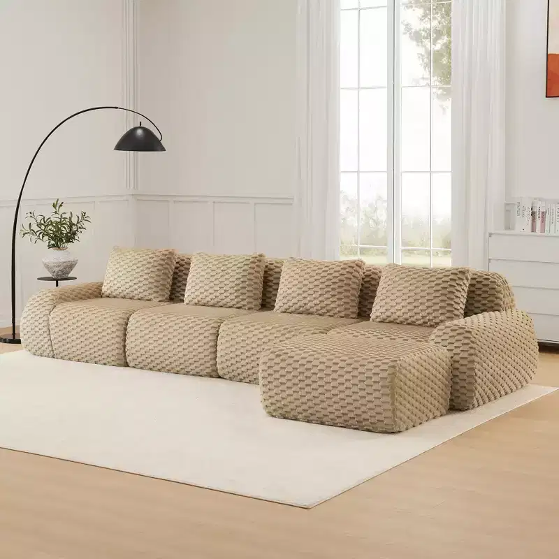 146 L-Shaped Modular Sofa Flannelette 4-Seater Ottoman Buckle No Assembly Light Camel