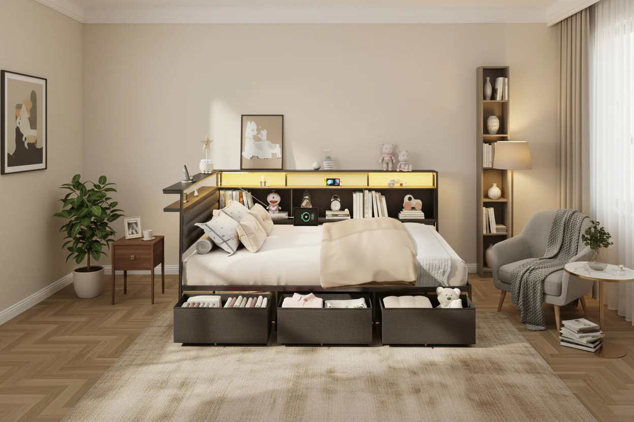 Black Full Bed Frame with LED Lights Charging Station Storage Bookcase 3 Drawers Upholstered Headboard Corner Daybed No Box Spring Support