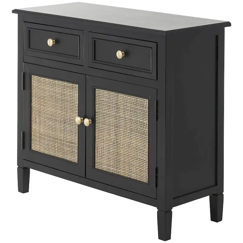 Black Wood Cabinet with 2 Drawers & 2 Rattan Doors | Gold Knobs