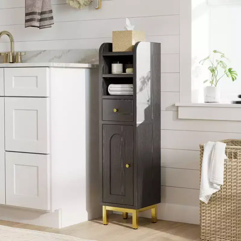 Bathroom Storage Cabinet, Modern Corner Floor Cabinet with Drawer, Door and Adjustable Shelf, Black