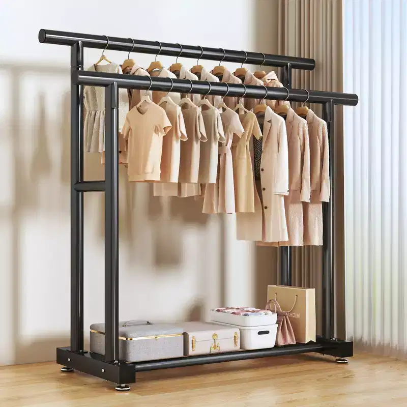Heavy Duty Rolling Double-Tier Clothes Rack, Double Hanging Rails with Side Extension Rods and Bottom Storage Shelf