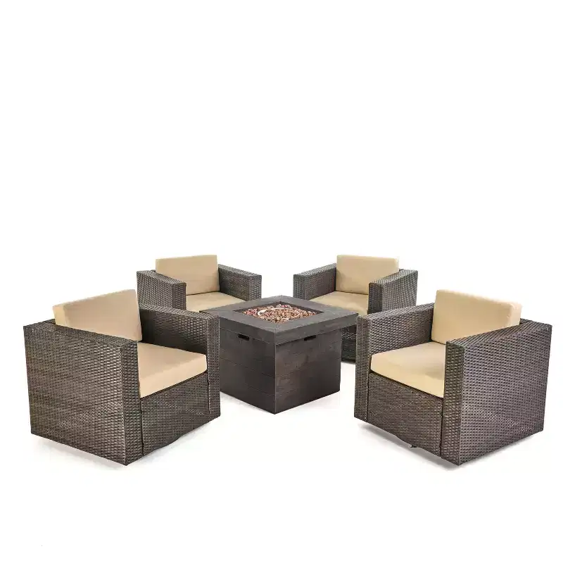 GDFStudio Venice Outdoor Wicker 5 Piece Swivel Club Chair and Fire Pit Set with Cushions