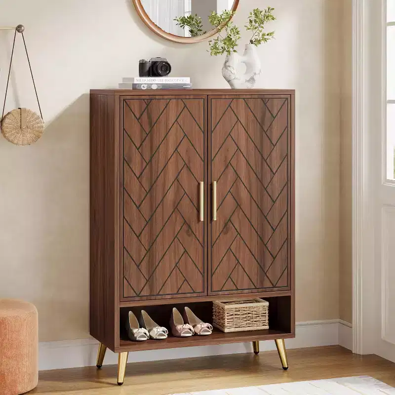 6-Tier Entryway Shoe Cabinet with Doors for 24 Pairs, Wooden Storage with Adjustable Shelves and Gold Legs for Living Room, Bedroom, Walnut
