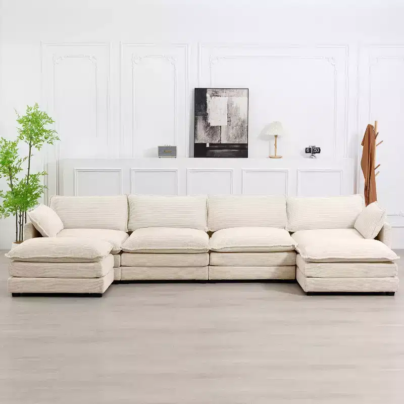 Hyleory 147 in. W 6-Piece Modern Corduroy Fabric Sectional Sofa with Double Ottomans