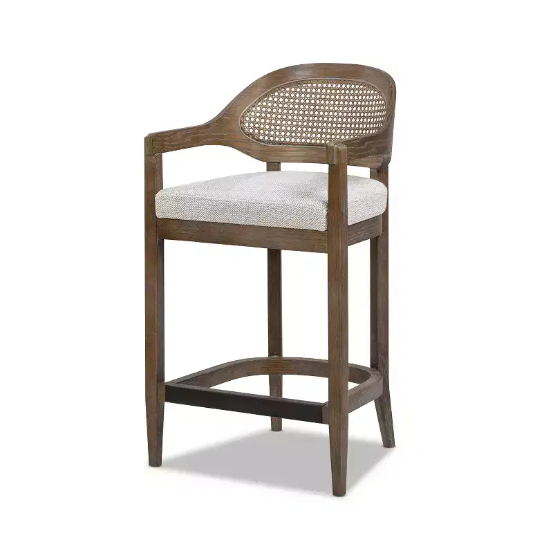 Mid-Century Modern 26 in. Cane Back Counter Stool, Two-Tone Neutral Gray Wool Blend
