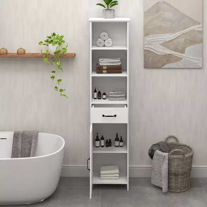 65'' Tall Bathroom Storage Cabinet, Wooden Floor Cabinet With Drawers & Adjustable Shelf, Slim Freestanding Storage Organizer For Bathroom Living Room