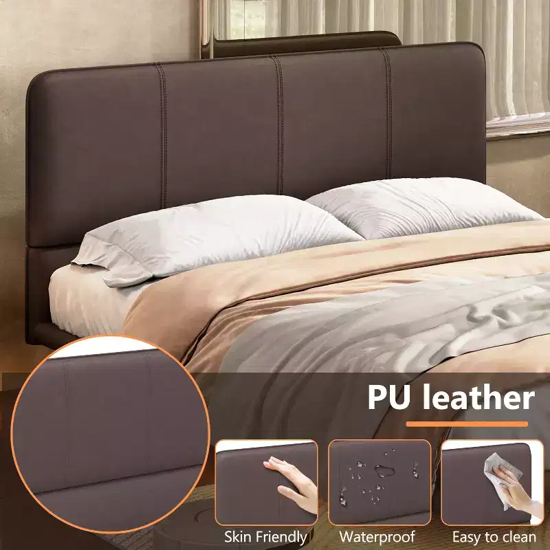 Full/Queen Size Floating Bed Frame with LED Light, Modern PU Leather Platform Bedframe for Bedroom