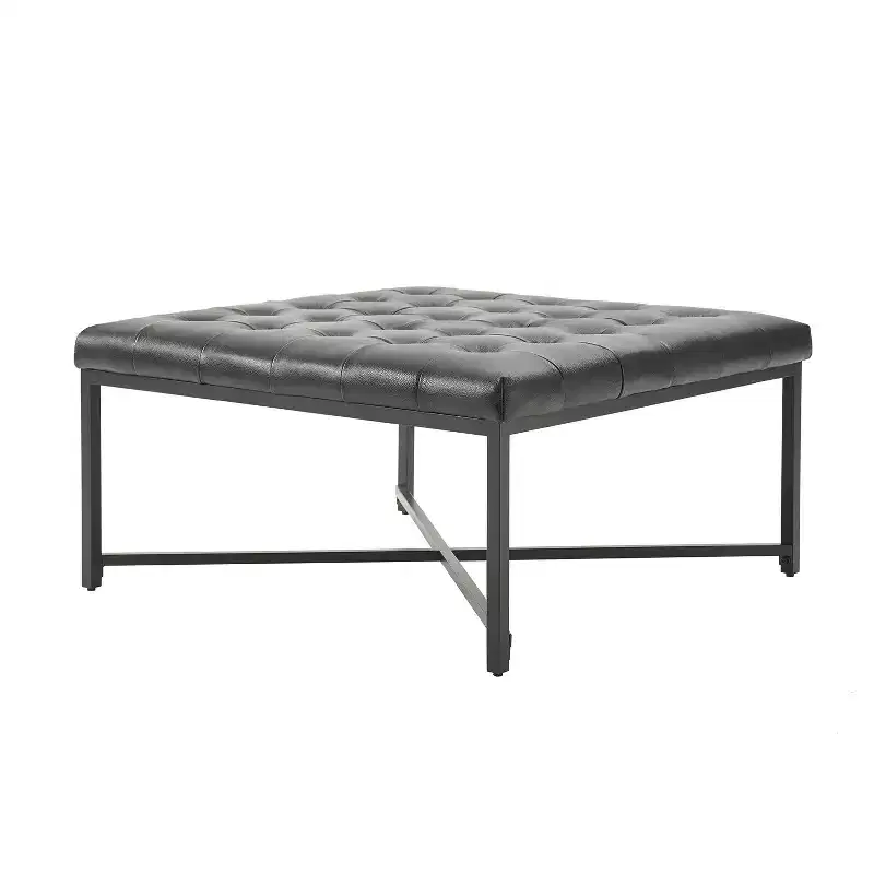 Genuine Leather Bench with X-Shaped Metal Base