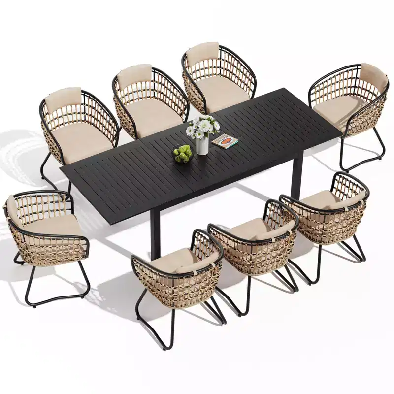 Crestlive Products 9pc Patio Expandable Dining Set Aluminum Outdoor Rectangular Table for 6 to 8 with Ratten Chairs