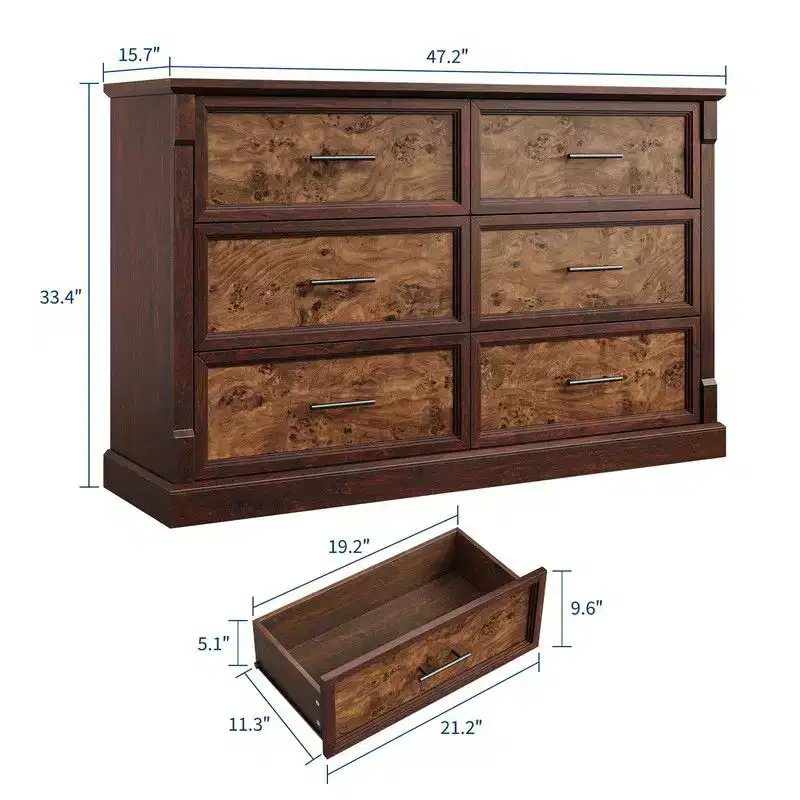 Farmhouse 6 Drawers Dresser, 47 Long Wood Closet Dressers Organizer, Rustic Chest of Drawers
