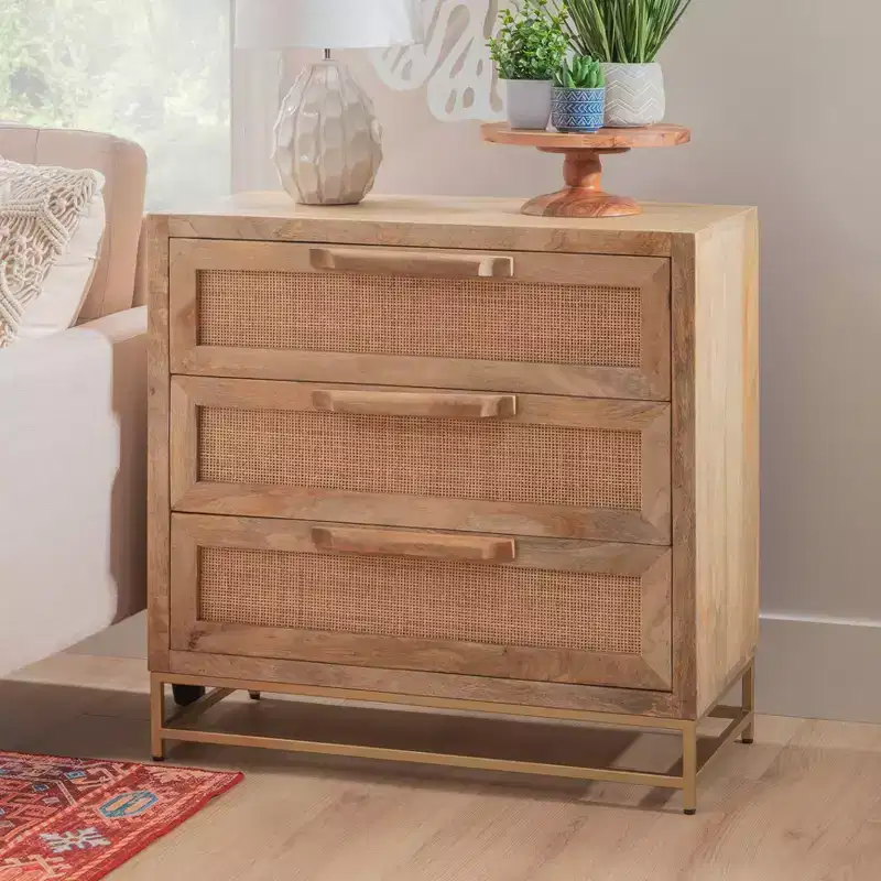 Transitional 3-Drawer Cabinet with Natural Cane and Gold Metal Base