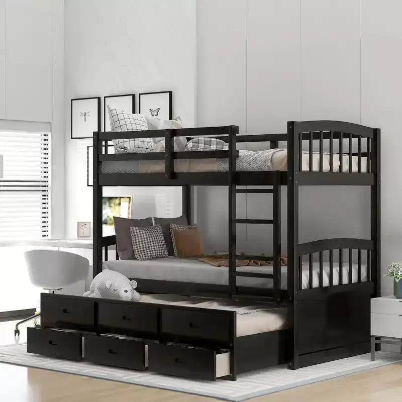 Twin over Twin Bunk Bed with Trundle and Storage Drawers, Solid Wood Bunk Beds for Bedroom Furniture