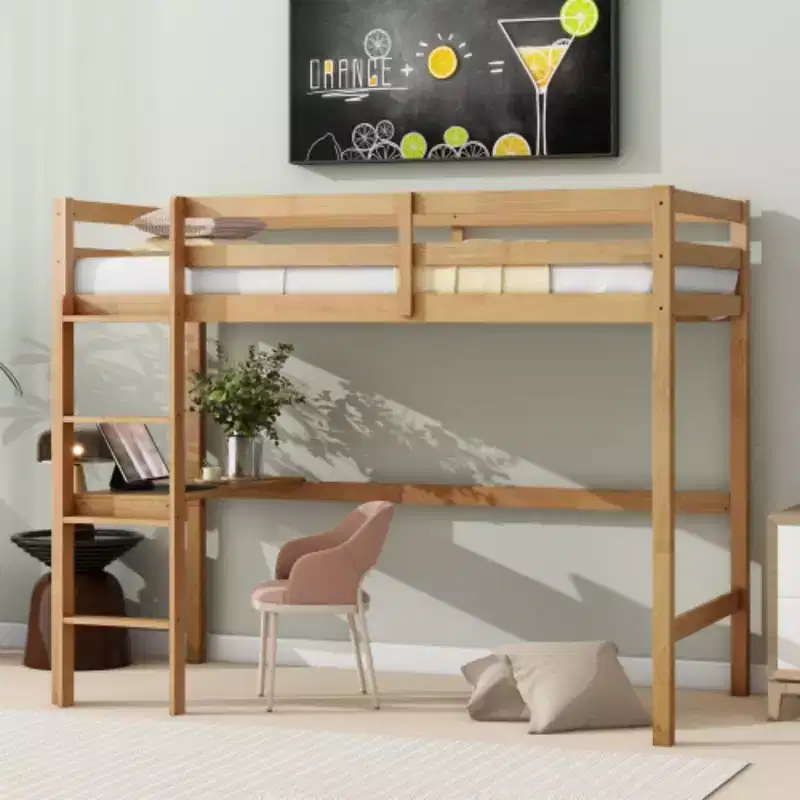 Elevated Twin Loft Bed Crafted from Rubberwood with Secure Guardrail and Built-in Desk
