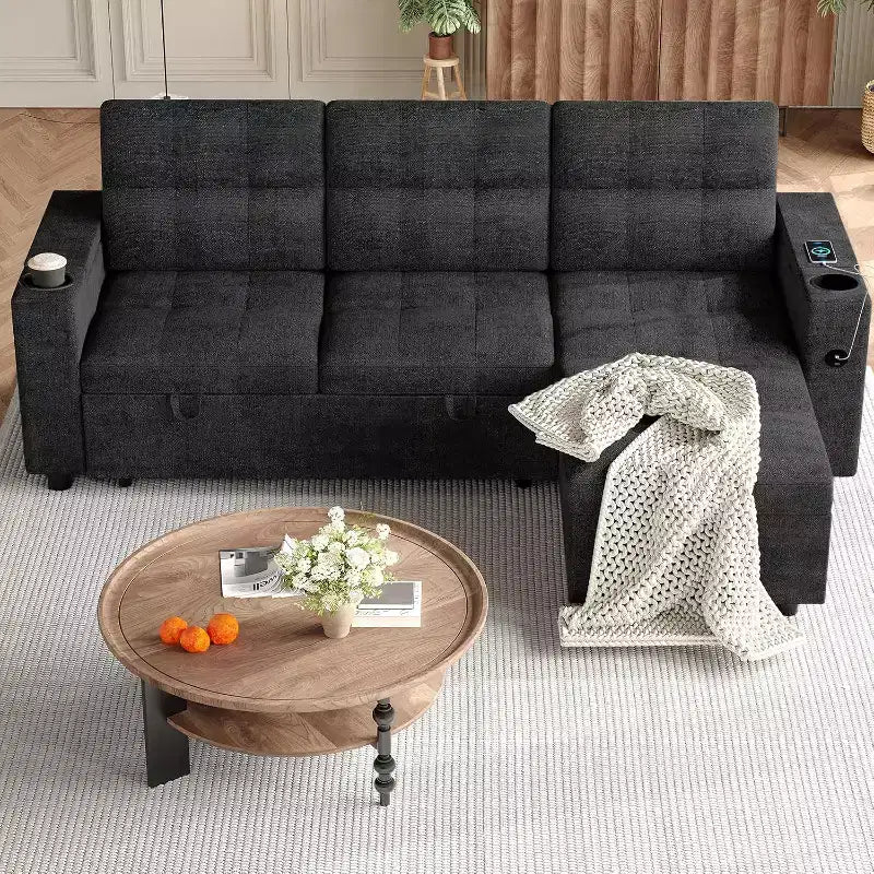 84'' Sofa Bedl-Shaped Sectional Sleeper Sofa with Pull Out BedReversible Storage Chaises Hidden Storage ArmrestsCup Holders & USB Charging Ports