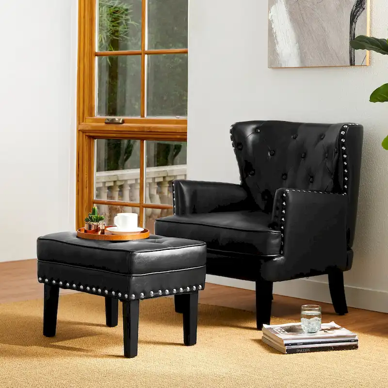 Black / Coffee Mid-Century Button-Tufted PU Leather Ottoman