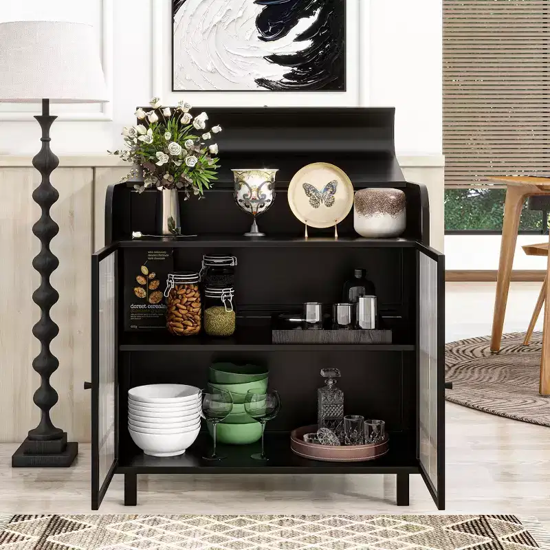 31.49'' Modern Sideboard Buffet Cabinet with 2 Tempered Glass Doors and 1 Flip Top