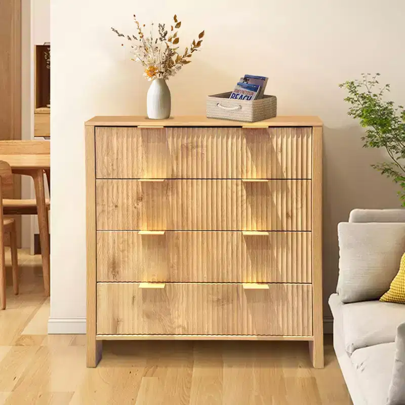 4 Drawer Dressers for Bedroom, Fluted Tall Dresser, Bedroom Chest of Drawers, Mid Century Modern Dresser for Bedroom Living Room Hallway Closet, Oak