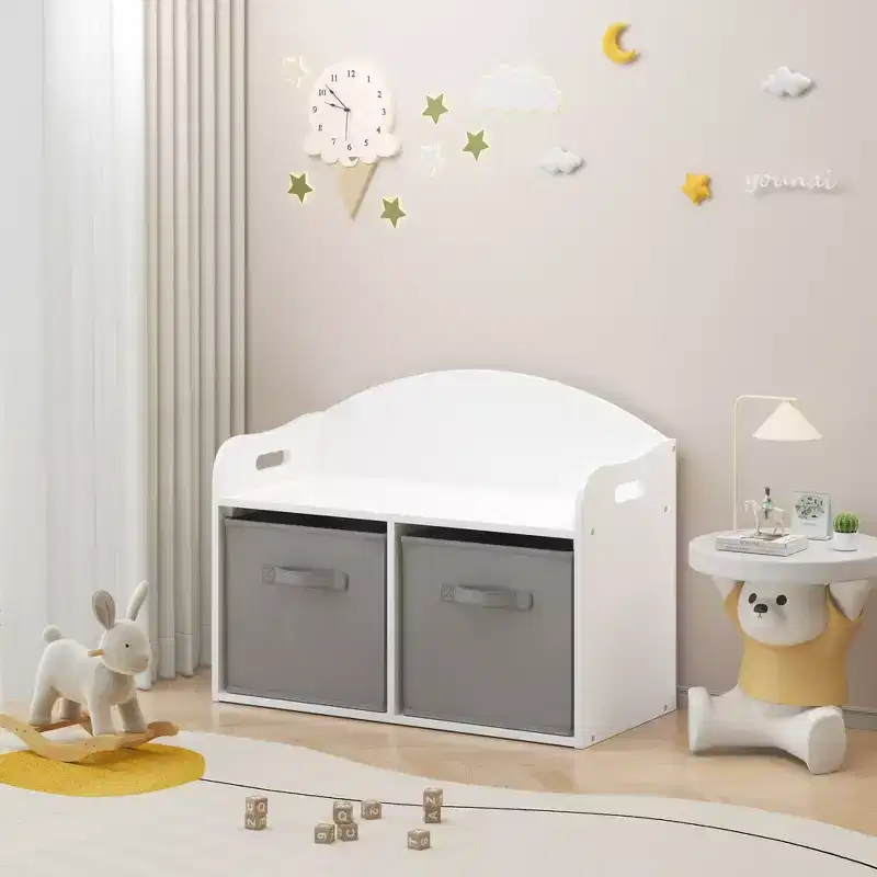 Kids Wooden Toy Box/Bench with Collapsible Fabric Drawers - White