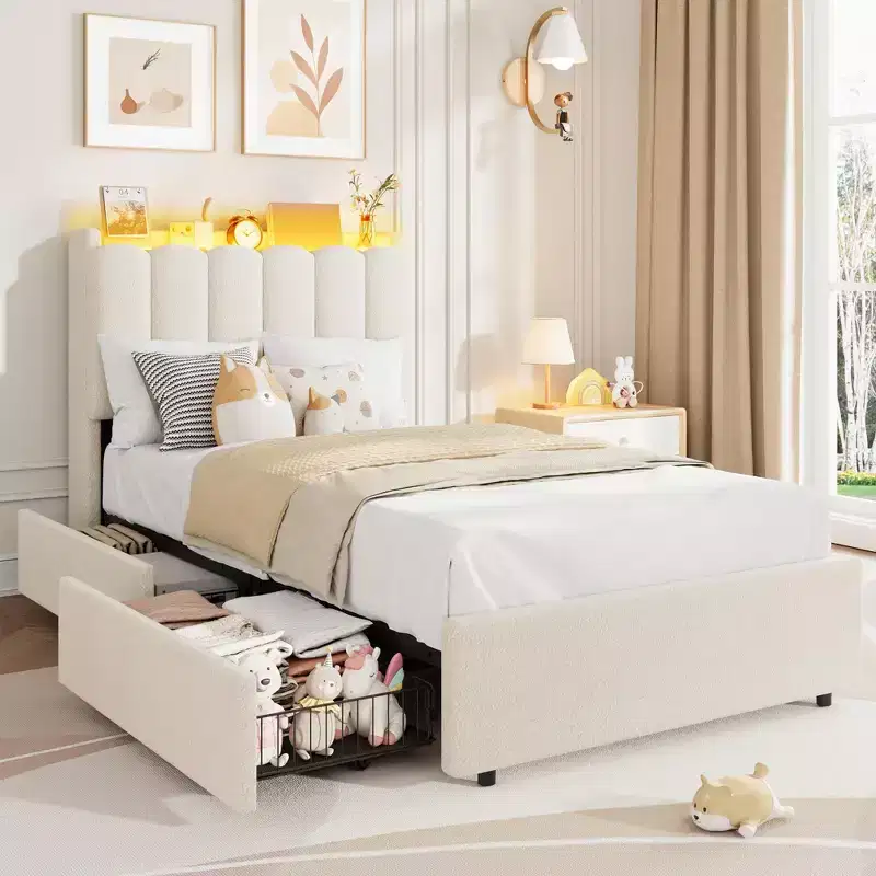 Cream Boucle Upholstered LED Bed Frame with Storage Headboard & 2 Drawers, Twin XL, For 1