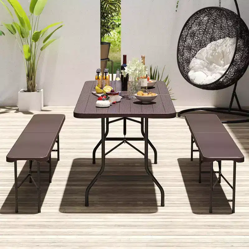 Costway 6 ft Portable Folding Table with Wood Grain HDPE Tabletop Safe Lock Mechanism Gray/Brown