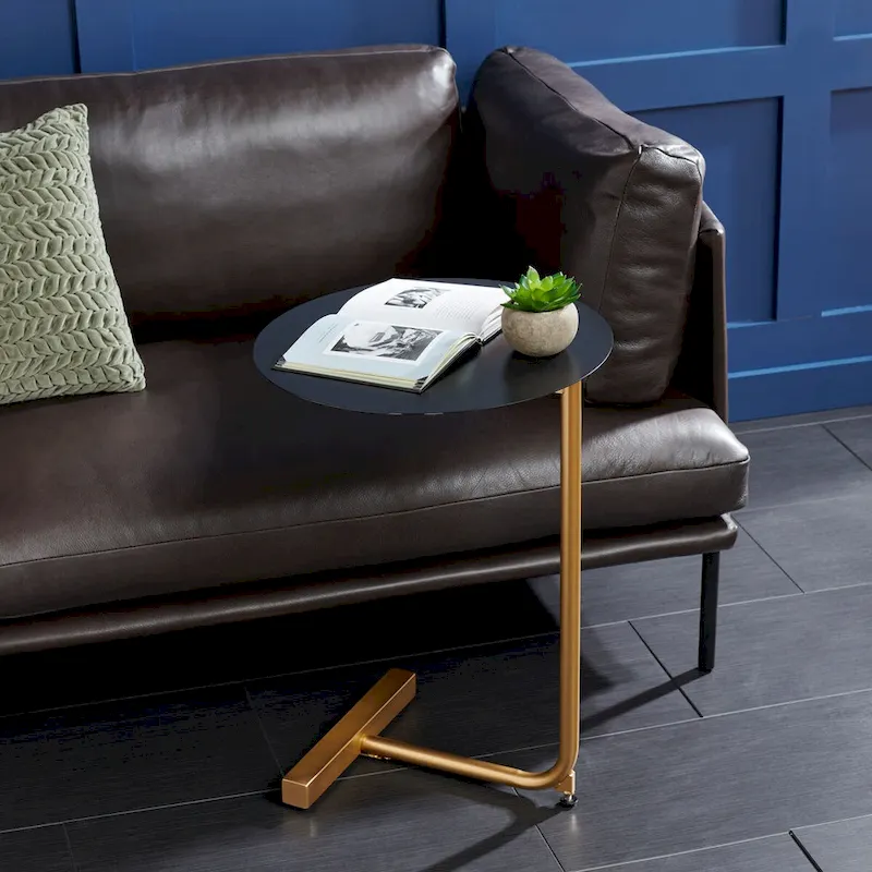 Round C-Shaped Side Table with Gold-Tone Metal Frame