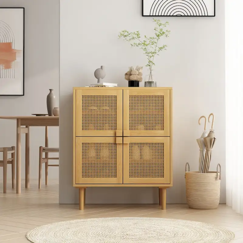 4-Door Rattan Mesh Shoe Cabinet – Natural / Black, 8 Shelves, Solid Wood Legs