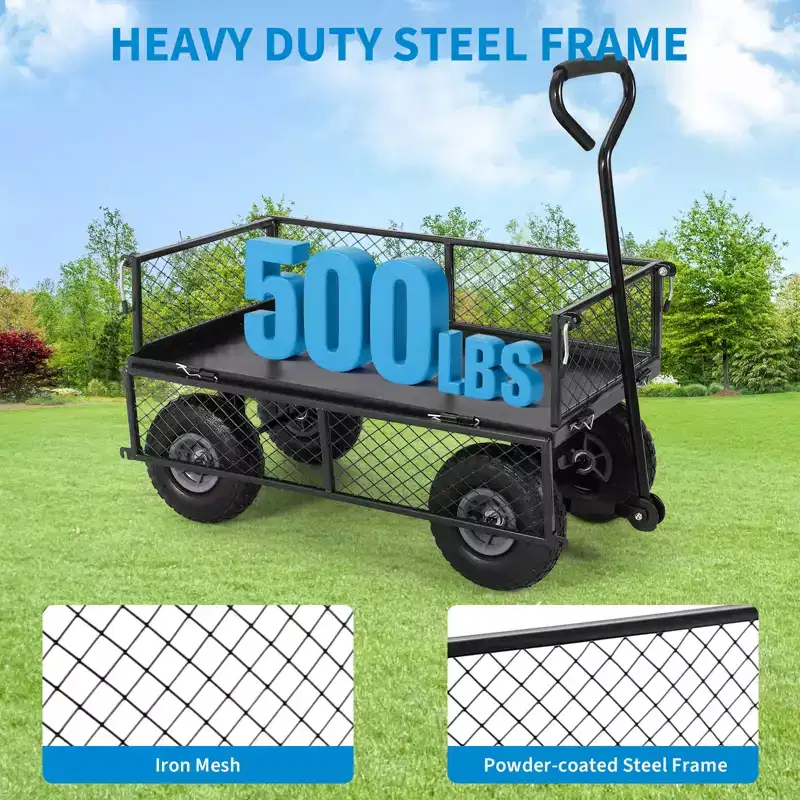 Heavy Duty Steel Garden Cart Wagon, 500 Lbs, Folding Utility Wagon with Removable Mesh Sides & Liner, 10 Pneumatic Tires, Pull Handle