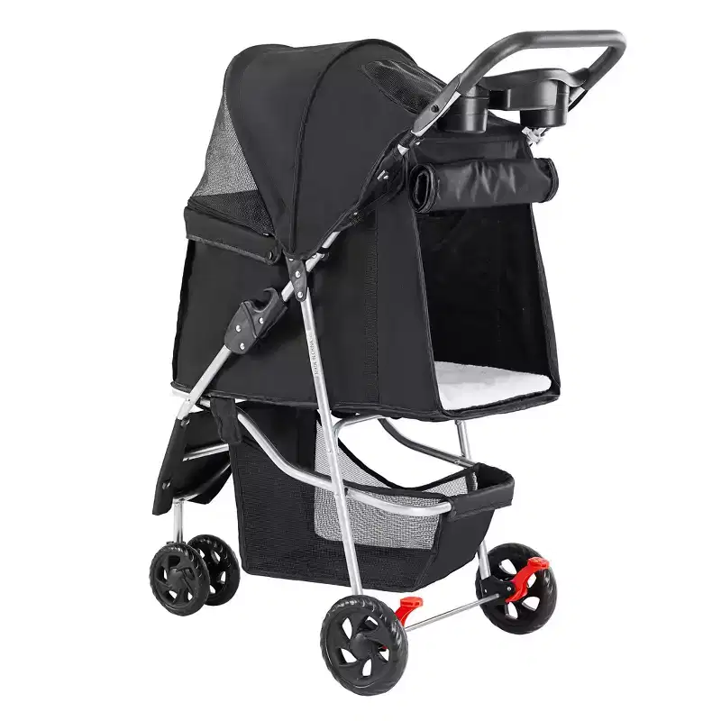 Collapsible Pet Stroller with Storage Basket - Foldable Design for Small/Medium Dogs and Cats