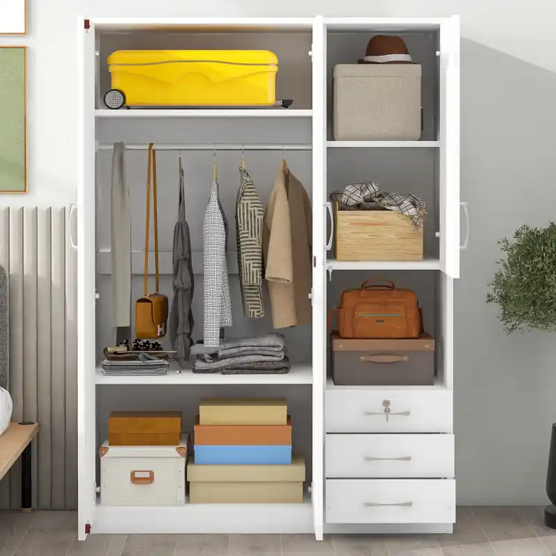 47.2 2-doors Wooden Wardrobe Storage With Shelves And 3 Drawers