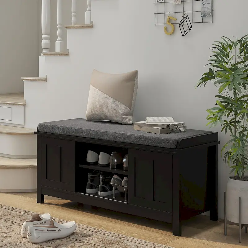Entryway Shoe Rack Bench with Sliding Doors and Adjustable Shelving