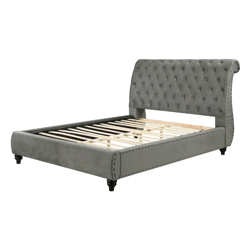 Gray Velvet Button Tufted Nailhead Sleigh Bed – Queen / King