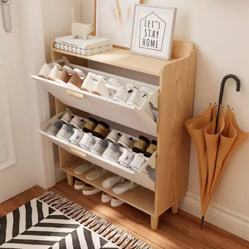Chic Crate-31.5in Nordic Shoe Storage Cabinet  2 Flip-Drawer Organizer | Solid Wood Legs | Entryway/Narrow | White/Solid Wood