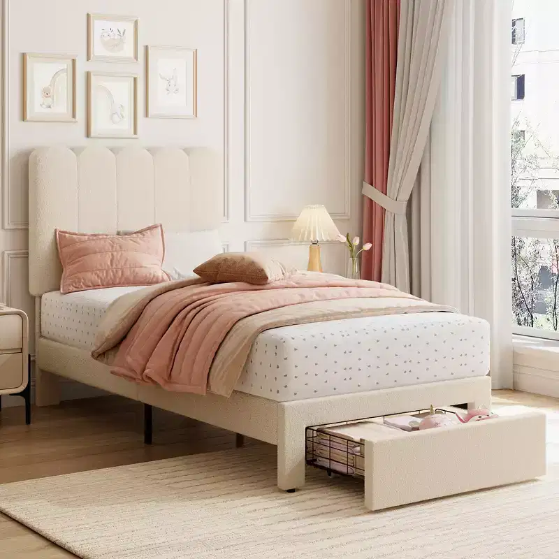 Velvet Upholstered Twin Bed Frame with Drawer Storage and Headboard,Kids Platform Bed Frame for Girls,Wooden Slats Support,Low Profile Design