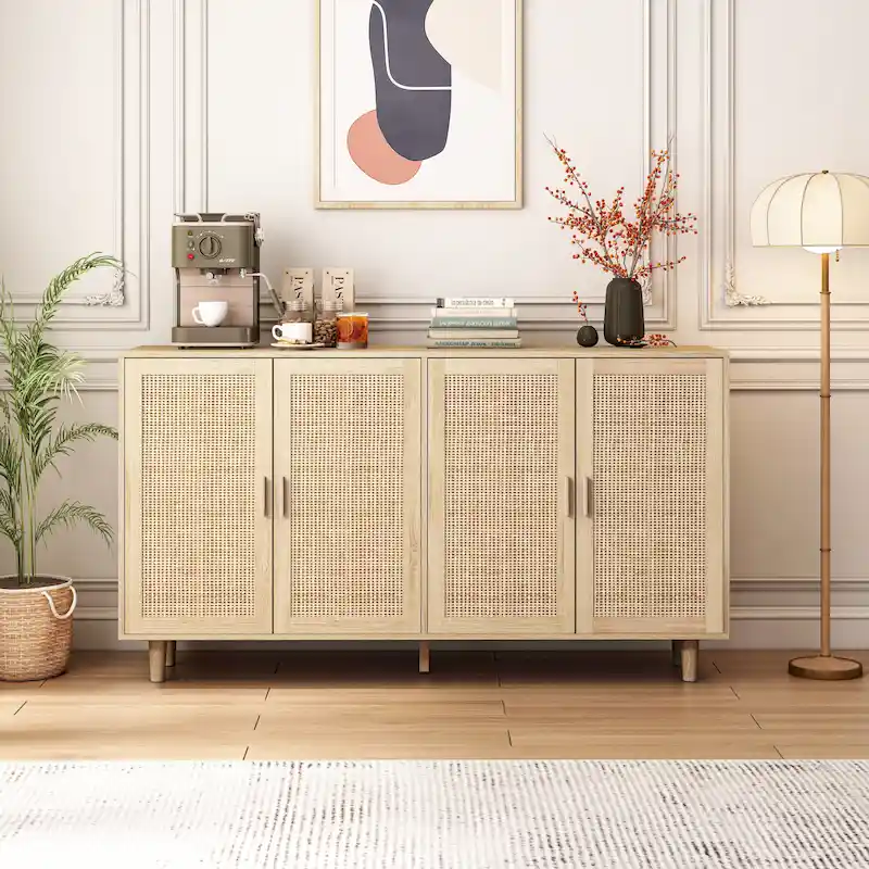 4-Door Rattan Decorative Storage Cabinet - N/A