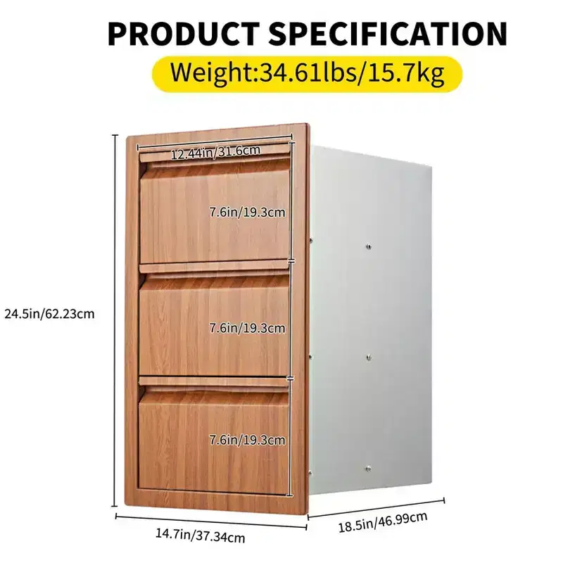 Outdoor Kitchen Drawers, 14 W x 24 H x 18 D Stainless Steel Flush Mount Triple Drawers, BBQ Drawers for Outdoor Kitchen Island