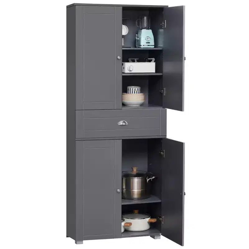 HOMCOM 72 Freestanding Kitchen Pantry Cabinet with 2 Large Double Door Cabinets and 1 Center Drawer, gray