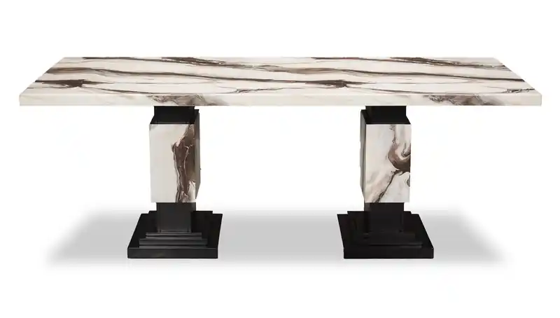 Dining Table, Marble Look, Pedestal Base, 82W - Black & White
